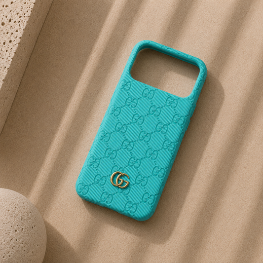 Coque Gucci bleu turquoise or cuir métal coque de luxe pas cher 